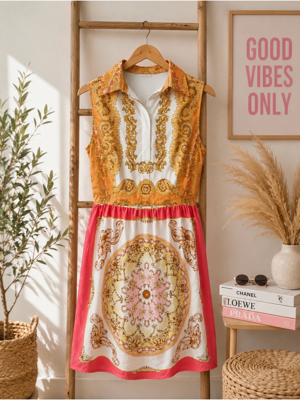 Donna Morgan Sleeveless Mini Dress in Gold, White & Pink size 6